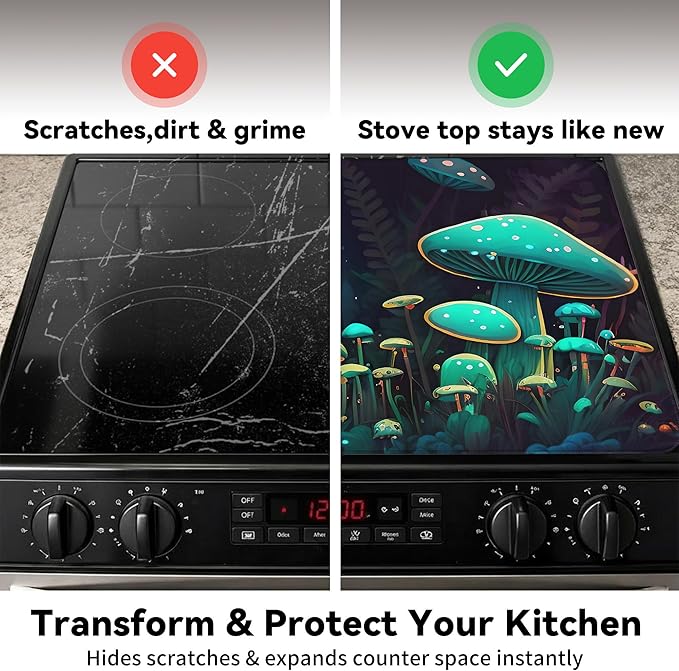 Decorative Stove Top Covers for Electric Stove 28"x20" – Heat Resistant Glass Cooktop Protector Dish Drying Mat – Non-Slip Rubber Backing Washer Top Cover Waterproof Extra Counter Space (Mushroom)