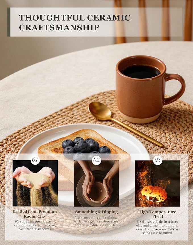 OTAGO Coffee Mugs for 6, 12 oz Mug Set, Partially Unglazed Base,Dringking Cup with Handle for Coffee, Tea, Cocoa, Milk, Brown