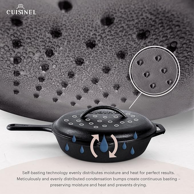 Cuisinel Cast Iron Skillets Set with Lids - 8"+10"+12"-inch Pre-Seasoned Covered Frying Pan Set + Silicone Handle and Lid Holders + Scraper/Cleaner - Indoor/Outdoor, Oven, Stovetop, Fire Safe Cookware
