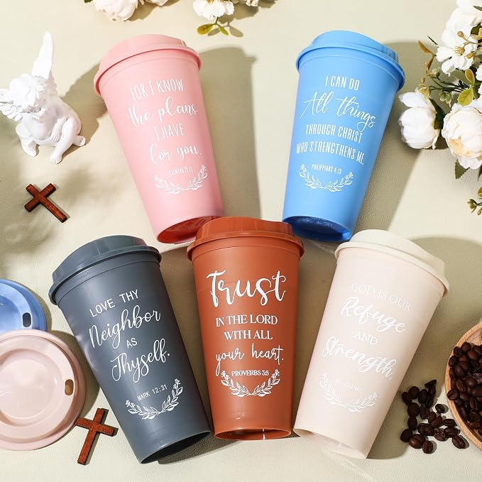 Skylety 40 Pack Bulk Christian Gifts for Men Women 16oz Reusable Bible Verse Tumbler Plastic Coffee Cup with Lid Inspirational Religious Church Gift for Teacher Graduation Party Favor (Morandi Color)