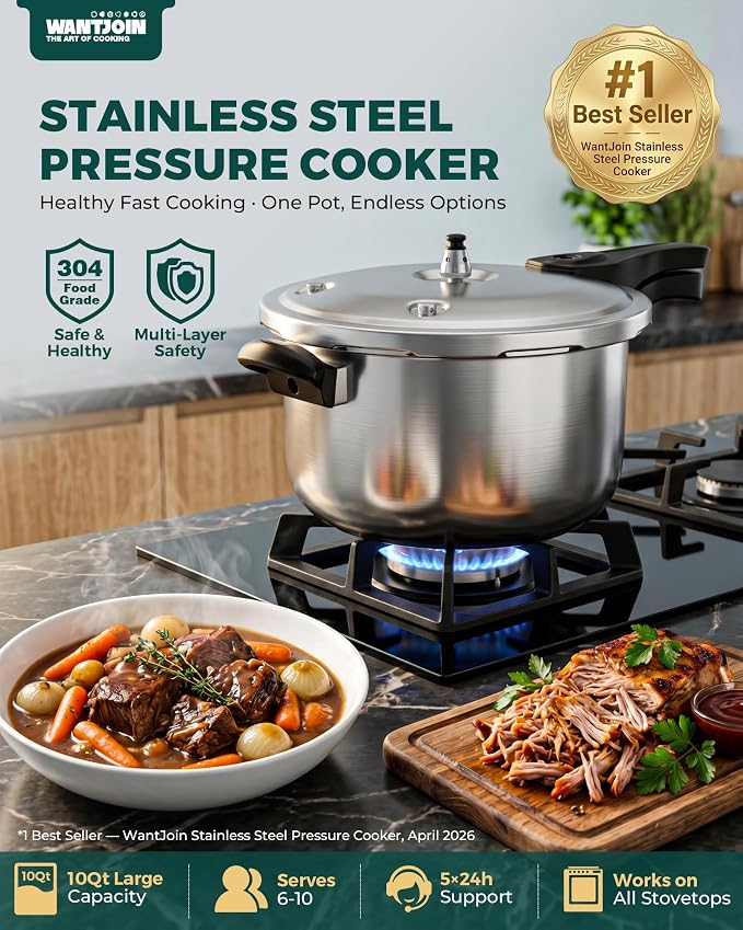 WantJoin Stainless Steel Pressure Cooker(Non-Aluminum),10 Quart Induction Compatible Pressure Cooker with Spring Valve Safeguard Devices,Compatible with Gas & Induction Cooker