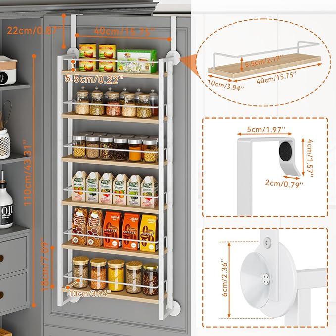 IBUYKE 6 Tier Over The Door Pantry Organizer,Wall Mounted Spice Rack,Door Hanging or Wall,Adjustable Hanging Storage Shelves,Spice Organization for Kitchen cabinet,Bathroom,Closet,Natural UTLJ028R
