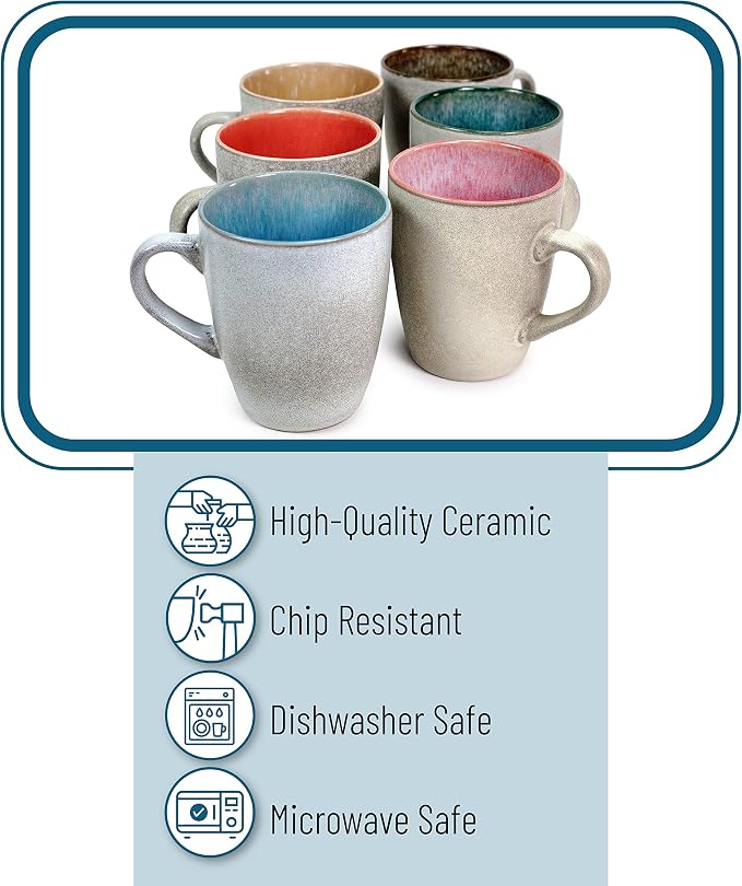 BTaT- Porcelain Coffee Mugs Set, 12 oz (350ml), 6 Pack, Ceramic Coffee Mugs, Matte White Outside and Colorful Inside, Restaurant Cups for Tea, Cappuccino, Cocoa, Cereal, Mug Gift Set, Dishwasher Safe