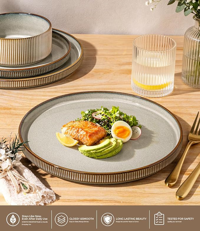 GBHOME 18-Piece Stoneware Dinnerware Set for 6 – Ribbed Ceramic Plates and Bowls, Scratch-Resistant, Microwave & Dishwasher Safe, Reactive Glaze, Reactive Glaze Green Wheat