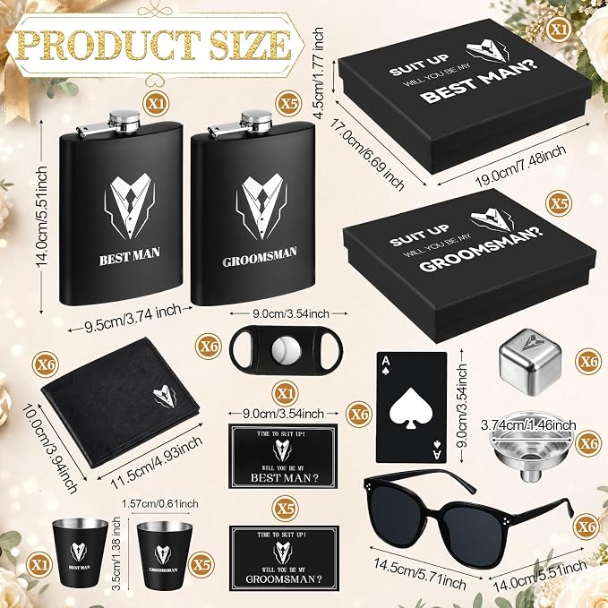 Mimorou 66 Pcs Groomsmen Proposal Gifts - Shot Glasses, Stainless Steel Ice, Flask, Funnel, Gift Boxes, Sunglasses, Knives, Bottle Opener, Cards, Wallets for Wedding Groomsmen Present Set (Retro)