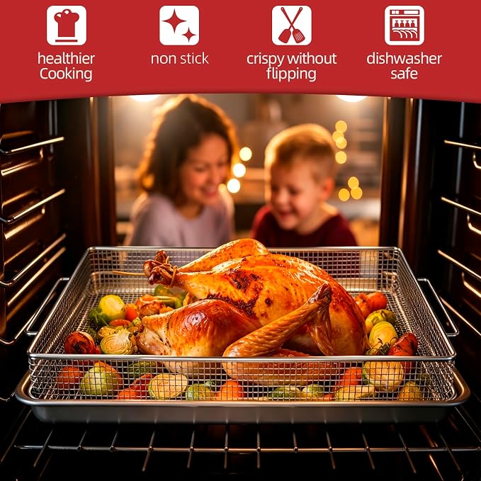 Geesta 304 Stainless Steel Air Fryer Basket for Oven with 50 Recipes, 2 Piece Crisper Tray & Basket, Air Fryer Accessories for Crispy Foods Healthy Cooking, Dishwasher Safe, 12.5” x 9.5”