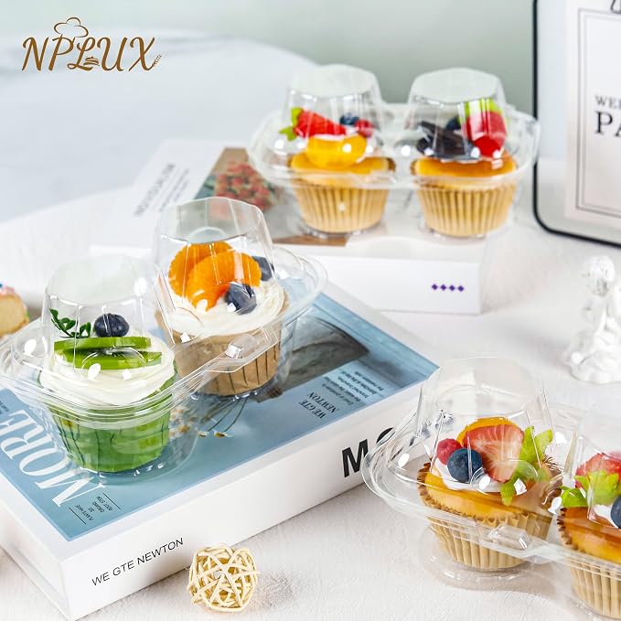 NPLUX 2 Count Cupcake Containers 50 Pack Cupcake Holders with Detachable Tall Dome Lids Clear Plastic Stackable Cupcake Boxes for 100 Cupcakes, BPA Free, Standard Size