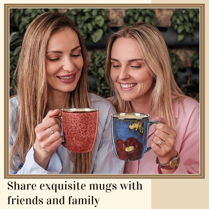 Maxdot 2 Pcs 12oz Ceramic Coffee Mugs Sets Glazing Process Cappuccino Mug Floral Ceramic Tea Cups Idea Gift Set for Women Porcelain Cup for Coffee, Cocoa, Tea, Latte (Retro) (Rustic)