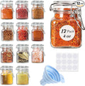 SPANLA Spice Jars, 12 Pack 4oz Small Glass Jars with Airtight Hinged Lid, With 12 Spice Labels & Silicone Funnels, Airtight Glass Jars for Spices, Art Craft Storage (12 Pack)