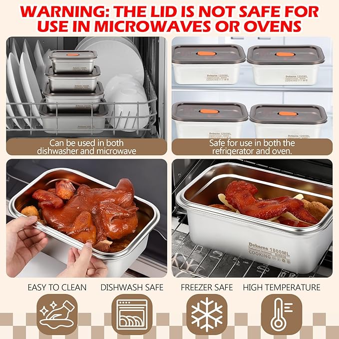 4 Pack Large Stainless Steel Food Storage Containers with Leak-proof Lids 316 Metal Meal Prep Container Lunch Box Freezer Safe Microwave Safe for Meal Prep Bento (41oz, 61oz, 95oz, 128oz)
