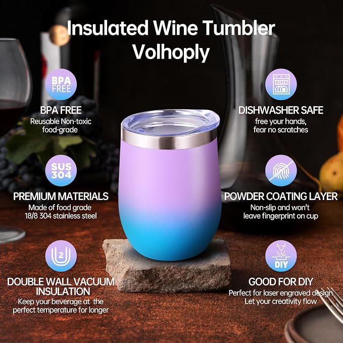Volhoply 12oz Stainless Steel Wine Tumbler with Lid Bulk 4 Pack,Double Wall Vacuum Stemless Wine Glasses,Reusable Metal Travel Coffe Mug with Straw,Insulated Cup Gifts for Christmas（Lavender,4 Set）
