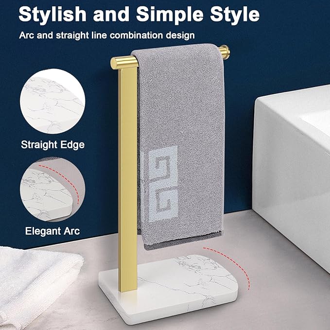 NearMoon Hand Towel Holder with Balanced Marble Base, 304 Stainless Steel Stand Towel Ring L Shape Hand Towel Rack Free-Standing Towel Bar for Bathroom Kitchen Countertop (Single Rod, Brushed Gold)