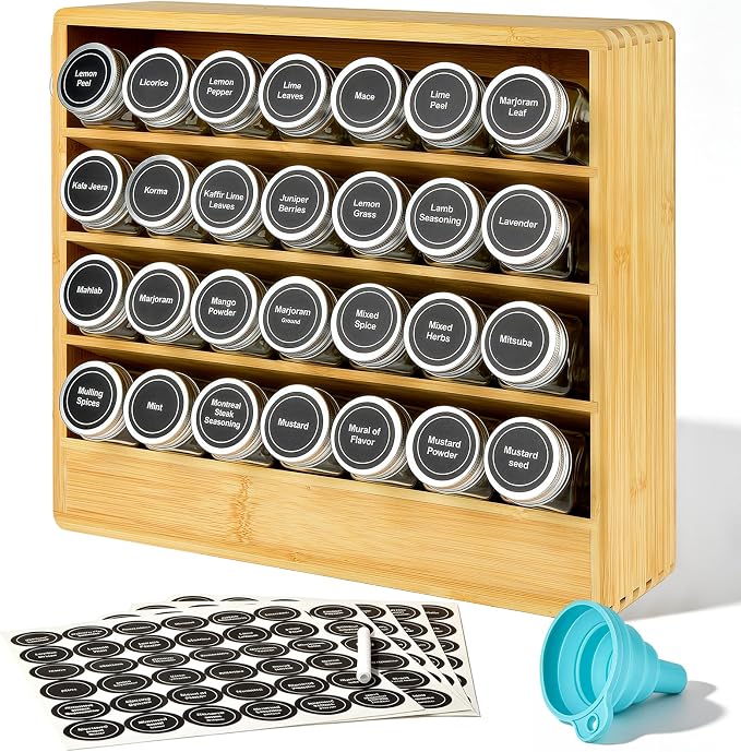 Bamboo Tiered Spice Rack Organizer for Cabinet,Wooden Seasoning Rack for Countertop, Cupboard, Pantry, Kitchen (Spice Jars Included)