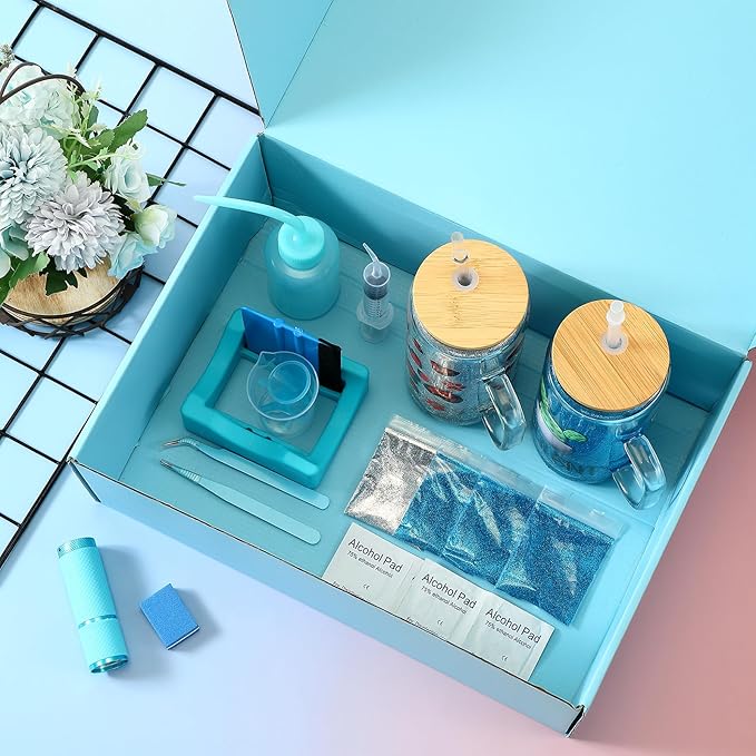 Baderke 20 Pcs Snow Globe Tumbler DIY Kit 16 oz Tumbler Squeeze Bottle, Glitter, Funnel Tweezer Silicone Cup Cradle Measuring Cup Glove Flashlight Buffer for Beginner(Blue,Special)