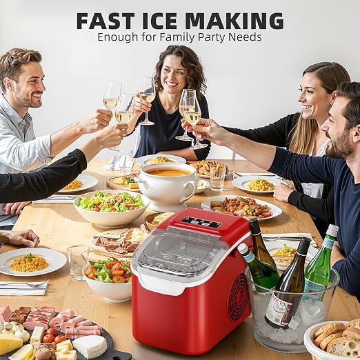 Antarctic Star Ice Maker Countertop, 8 Bullet Ice Cubes in 6 Mins, 26.5 lbs/Day, Self-Cleaning, 2 Sizes, Ultra-Quiet for Home/Kitchen/Camping/RV RED
