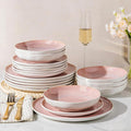GBHOME Stoneware Dinnerware Sets for 6, 18 Pieces Rustic Ceramic Plates and Bowls Set, Handmade Reactive Glaze Plate Sets, Highly Chip Resistant Dishes, Microwave & Dishwasher Safe, Pink