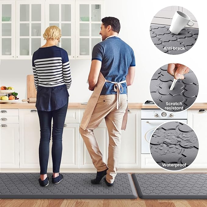Kitchen Mat [2 PCS] Cushioned Anti-Fatigue Floor Mat Water Resistant Non-Skid Kitchen Mats and Rugs Ergonomic Comfort Foam Kitchen Rugs Standing Mat for Floor Office Sink(Grey,17.3"x28"+17.3"x60")