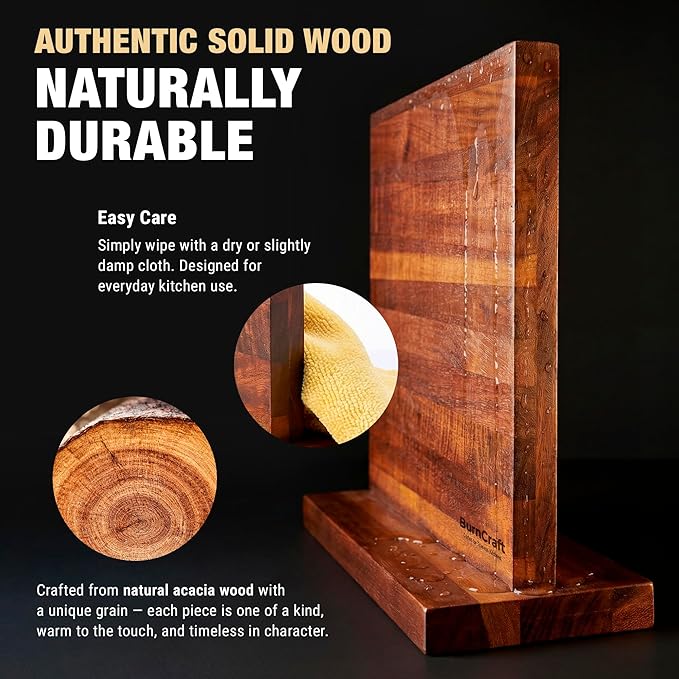 Magnetic Knife Block Acacia Wood, 12 x 10 Inch Double Sided Magnetic Knife Holder with Strong Enhanced Magnets, Wooden Knife Organizer Stand for Kitchen Countertop, Without Knives