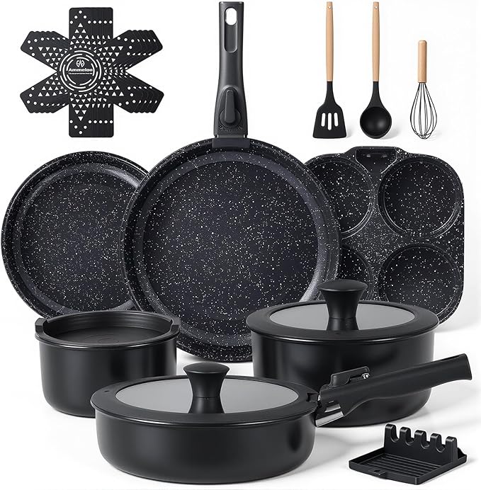 Ammeloo 21pcs Ceramic Pots and Pans Set Non Stick with Detachable Handles and Egg Frying Pan & 22-Piece Baking Pans Set Stackable Bakeware