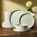Famiware Star 12-Piece Stoneware Dinnerware Set for 4 – Green, Ceramic Ribbed Plates and Bowls – Modern Rustic Dishes, Everyday & Formal Use – Chip & Scratch Resistant, Microwave & Dishwasher Safe