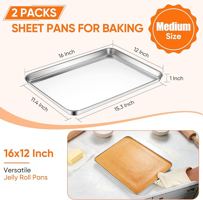 LIANYU 2 Pack Cookie Sheets for Baking, Stainless Steel Baking Tray Pan, 16x12 Inch Jelly Roll Pan for Oven, Healthy Metal Tray for Home Bakery Hotel Restaurant, Heavy Duty & Dishwasher Safe