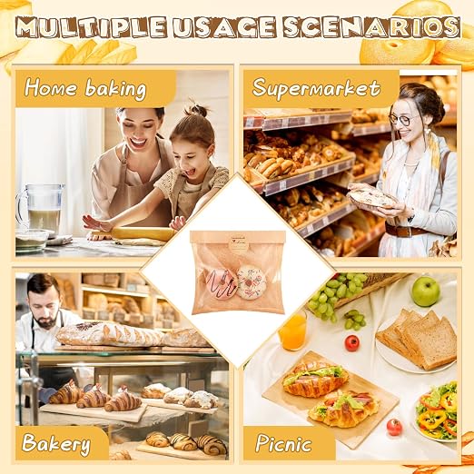 Outus 700 Pcs Cookie Packaging Bags with Seal, 7.1 x 7.5 Inch Bakery Pastry Bags with Window, Heat Sealable Grease Resistant Paper to Go Bake Sleeves for Gift Giving Donut Bread Sandwich (Brown)