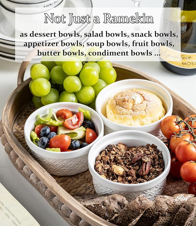 Ceramic Small Baking Dishes for Oven, 12oz Meal Prep Containers Charcuterie Bowls with Lids, Creme Brulee Ramekins Set, Pudding Custard Cups Fruit Souffle Bowls Set of 4, Grey Ripple