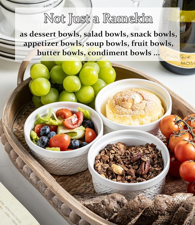 12 oz Ramekins with lids Oven Safe, Ceramic Creme Brulee Ramekins with Covers, Cute Ramekin Sets, Small Serving Baking Bowls food storage containers set of 4, Beige Cloud