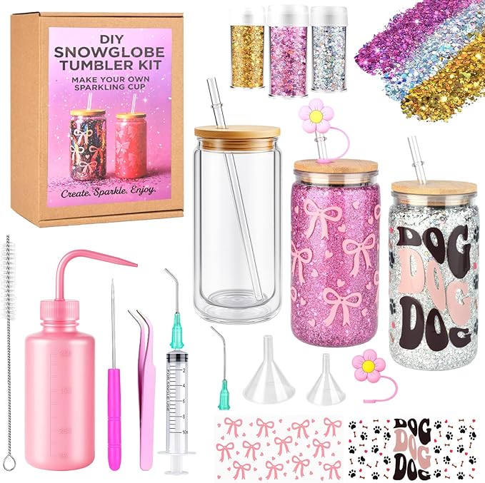 kiddgroo Snow Globe Tumbler Supplies ，16 Pcs DIY Glitter Snowglobe Cup Set– Includes 16oz Double-Wall Acrylic Tumbler, UV DTF Wraps, Craft Glitter, and DIY Tools
