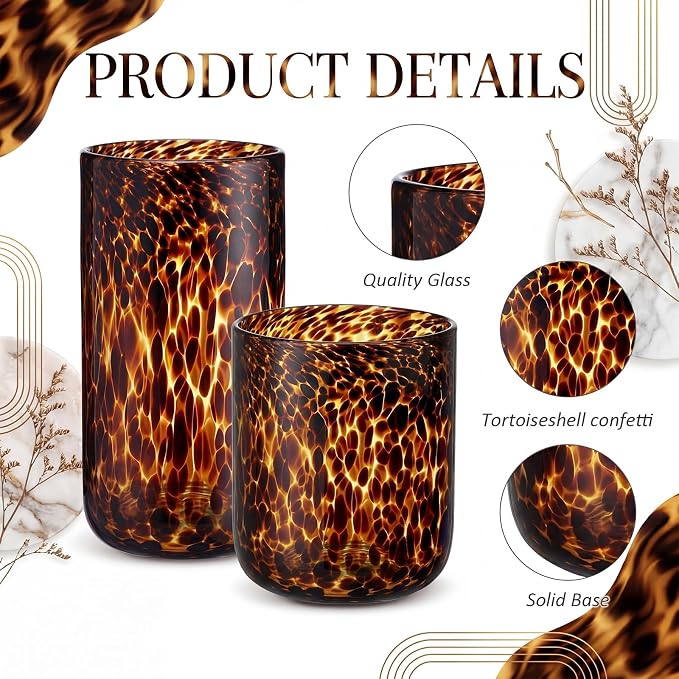 Honeydak Set of 4 Set of 4 Tortoise Leopard Print Brown Rocks Glasses Stylish Stemless Cocktail Cups Glass Glassware Tumbler Ideal for Gin, Tequila, Vodka, Soft Drinks (Whiskey Cup,10oz,16oz)