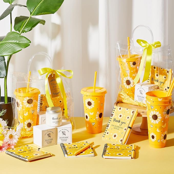 Nuogo 6 Sets New Parent Shower Prizes for Player Winners Adult, Wedding Bridal Shower Gift, Plastic Tumbler Notebook Scented Candle Ballpoint Pen Bag (Yellow Color,Sunflower Style)