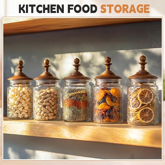 Suclain 6 Pack 24 oz Vintage Glass Jars with Wooden Crown Lids, Decorative Jars with Flower in the Window Pattern, Airtight Glass Food Storage Containers for Tea Coffee Spice Pantry Organization