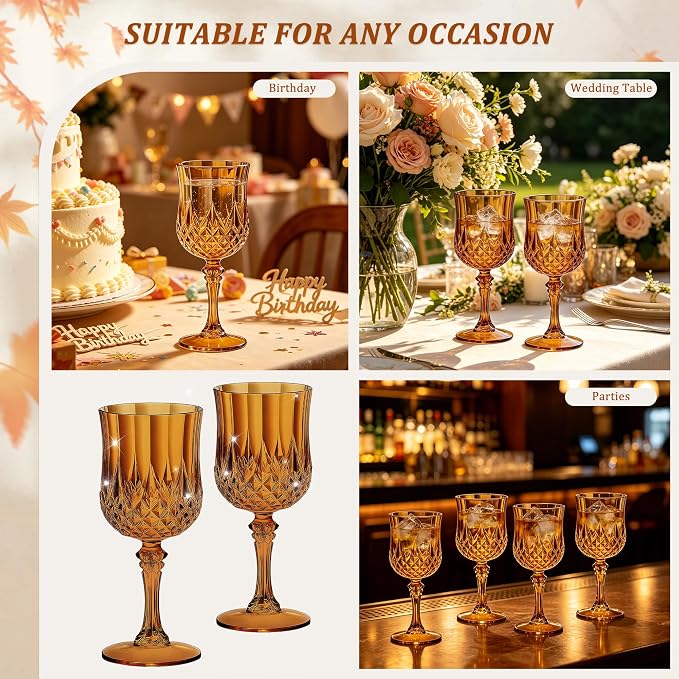 7OZ Plastic Wine Glasses, Reusable Vintage Goblets Unbreakable Drinking Glasses Crystal Water Cups Champagne for Wedding, Parties (12, Amber)