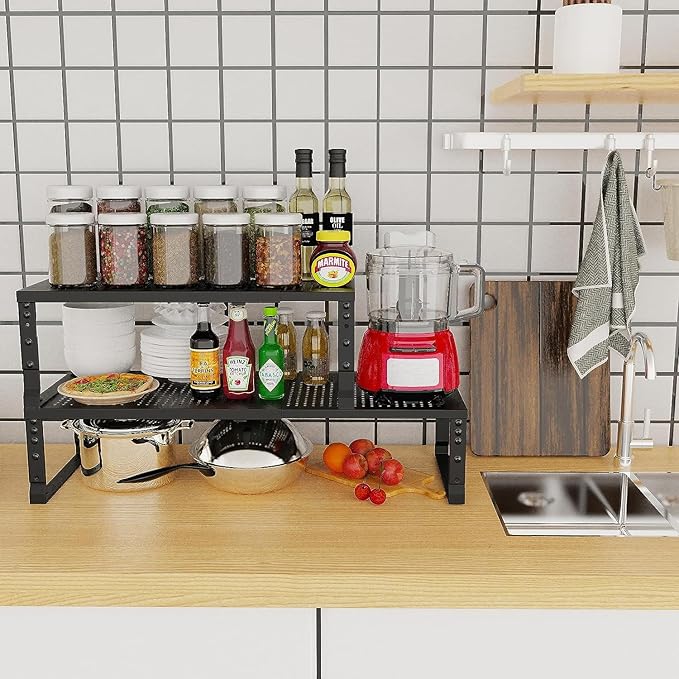 Jojocross Expandable Cabinet Shelf Organizer Storage Spice Rack Shelves for Kitchen Stackable Adjustable Pantry Cupboard Bathroom Countertop Desktop(2Packs/Black/Medium-with Hole)