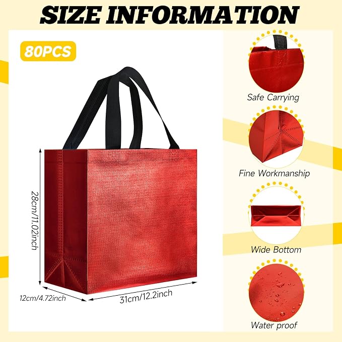 Eccliy Reusable Gift Bags Set Glossy Grocery Gift Tote Bag with Handle for Wedding, Bridal Shower, 4th of July, Summer Event(12 x 11 x 4.7 Inch,Red, Gold, Green,80 Pcs)