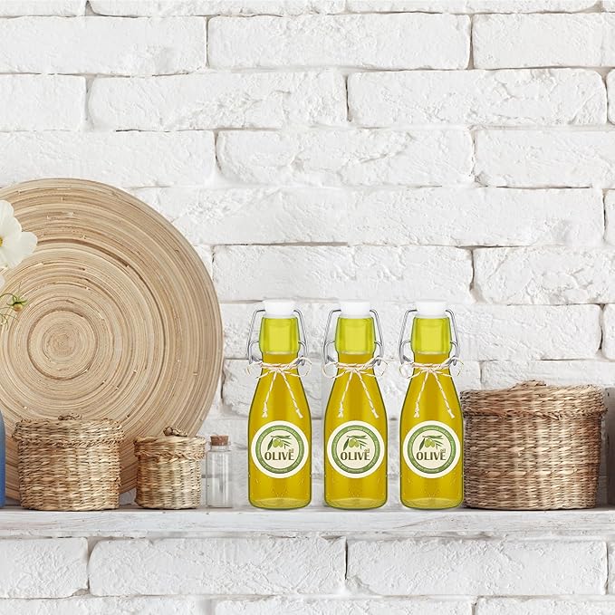 Queekay 20 Pack Mini Swing Top Glass Bottles for Vanilla Extract Homemade Olive Oil Bottles with Lids Airtight Cap Lids Labels for Wedding Baby Shower Favors(5.07 oz,Clear)