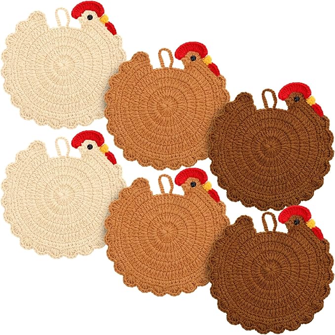 LemonRoad Handmade Crochet Chicken Trivets Set of 6, Farmhouse Hot Pots Holder Gifts Cute Braided Woven Coaster Protector for Dishes Mothers Day Lovers Housewarming 6.5" x 6.8"(Retro Style)