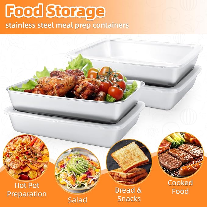 2 PCS Stainless Steel Food Storage Containers with Clear lids,2.16 Inch Deep, 8x10 Inch Stainless Steel Oven plate, Metal Roasting Pan, Freezer & Dishwasher Safe,For Meal Prep、Meat、Fruit