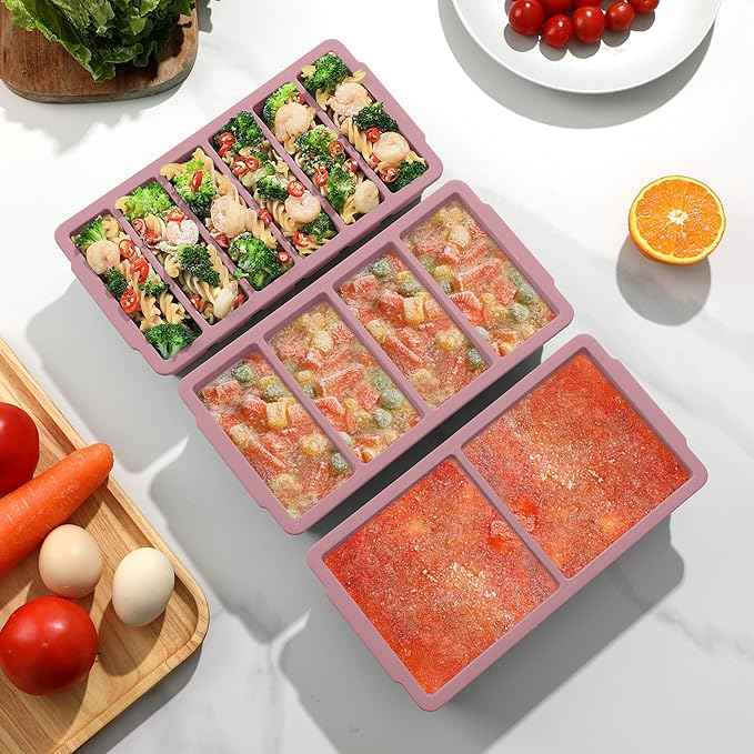3-Pack Silicone Freezer Trays with Lid,2 Large 2-Cup(500ml)&4 Medium 1-Cup(125ml)&6 Small 1/2-Cup(75ml) Soup Freezer Container Molds,Ice Cube Tray For Meal Prep&Freezing Soup,Stews,Sauces