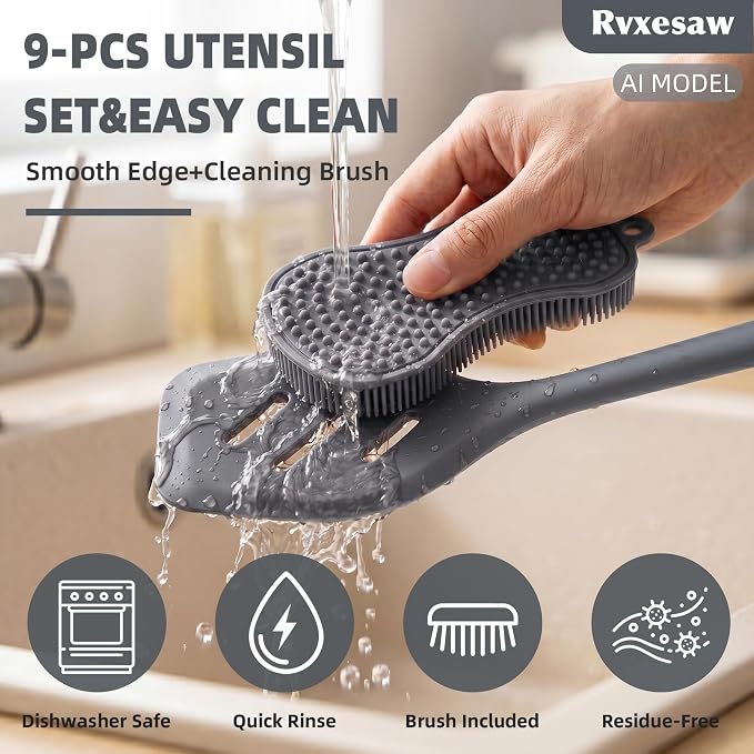 Kitchen Utensils Set,9 PCS Silicone Cooking Utensils Set Spatula Set,Tongs,Spoon,Whisk,Brush,Dishwasher Safe Kitchen Gadgets for Non-Stick Cookware,Home Essential，Kitchen Appliances Tool(Gray)