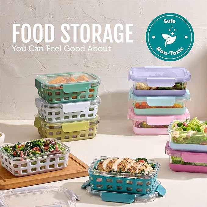 Ello Duraglass 3.4 Cup Meal Prep Sets 10Pc, 5 Pack Set- Glass Food Storage Container with Silicone Sleeve and Airtight BPA-Free Plastic Lids, Dishwasher, Microwave, and Freezer Safe, Melon