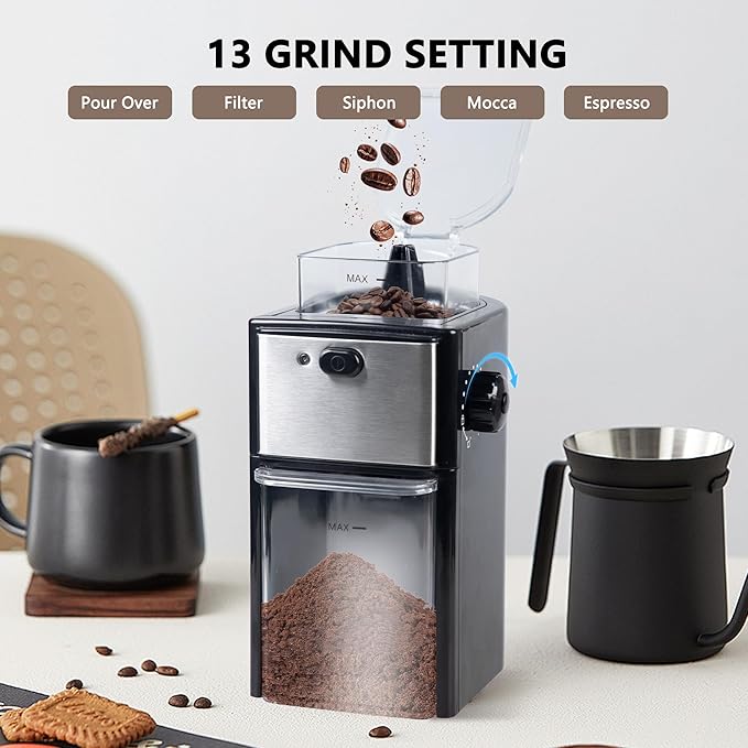 Electric Burr Coffee Grinder for Home Use, 12 Grind Settings Coffee Bean Grinder for Espresso, Drip & French Press, 200W Electric Coffee Grinder with 120g Ground Container