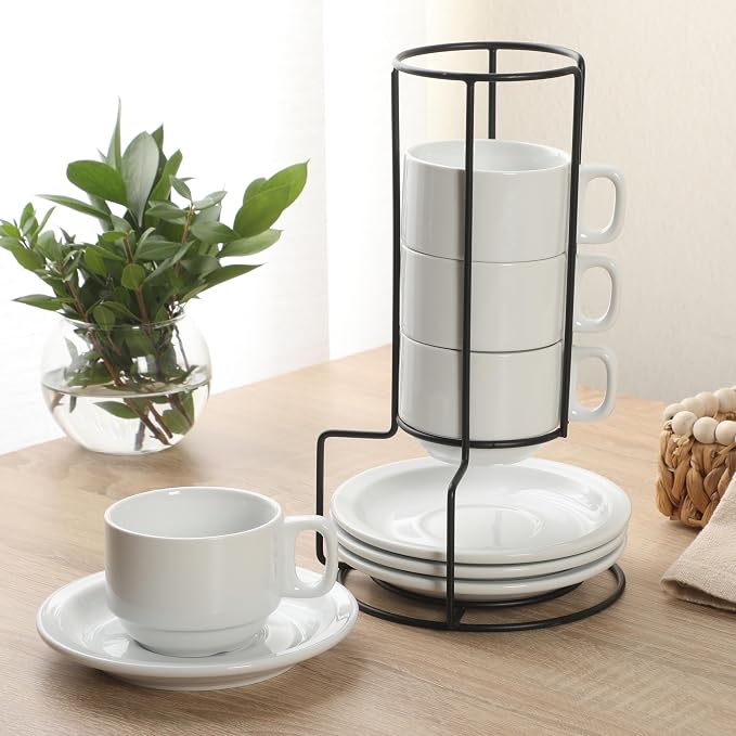 Gibson Home Gracious Dining 7-Ounce Cappuccino Cups Set of 4, Stackable Coffee Cups with 4 Saucers, Metal Stand, Coffee Mugs for Latte, Café, Mocha, Tea