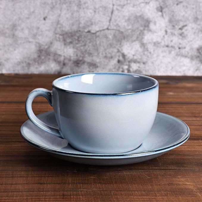 Bosmarlin Ceramic Coffee Cup Mug with Saucer Set of 2 for Latte, Cappuccino, Tea, 8.5 Oz, Dishwasher and Microwave Safe(Grey&Blue, 2)