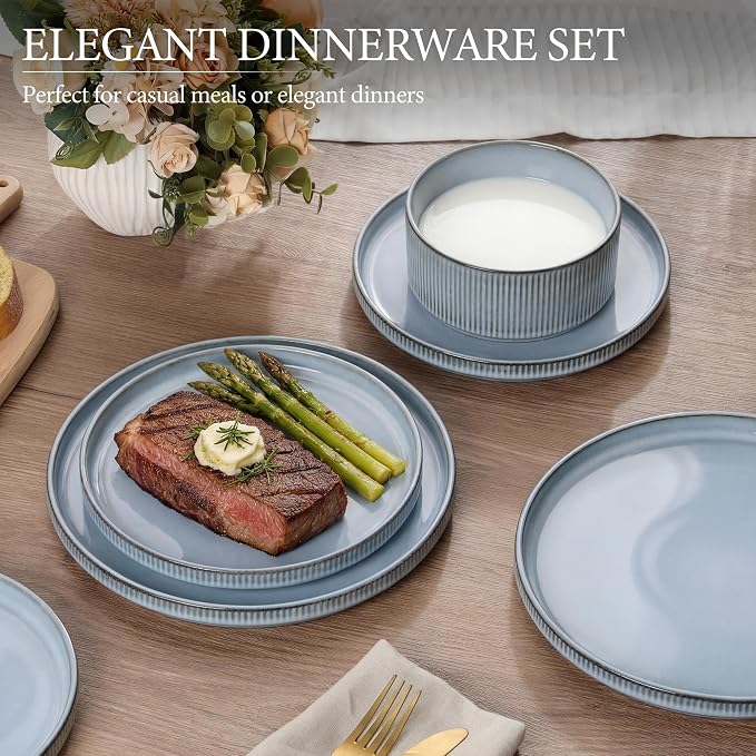 E-far Stoneware Dinnerware Sets for 2, 6-Piece Plates and Bowls Sets, Chip & Scratch Resistant Ribbed Dish Set for Home Restaurant, Microwave & Dishwasher Safe, Dusty Blue