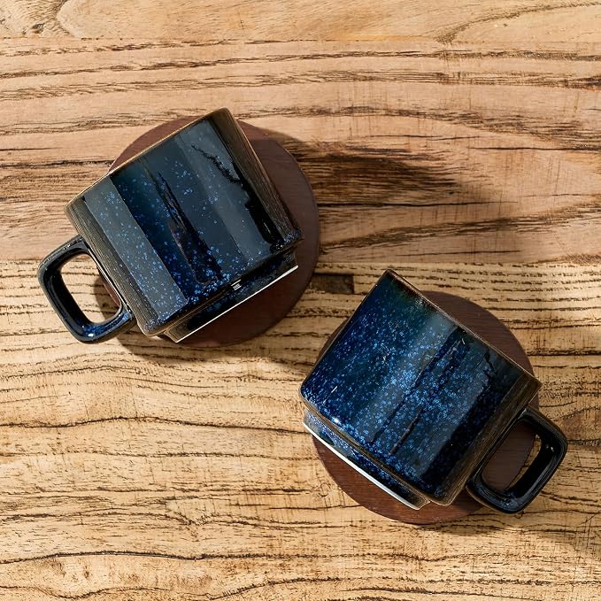 LUKA Porcelain Stackable Espresso Cups with Saucers and Metal Stand, 4 Ounce Small Ceramic Demitasse Cups Set for Latte, Specialty Coffee Drinks, Cafe Mocha,Tea - Set of 4, Reactive Blue
