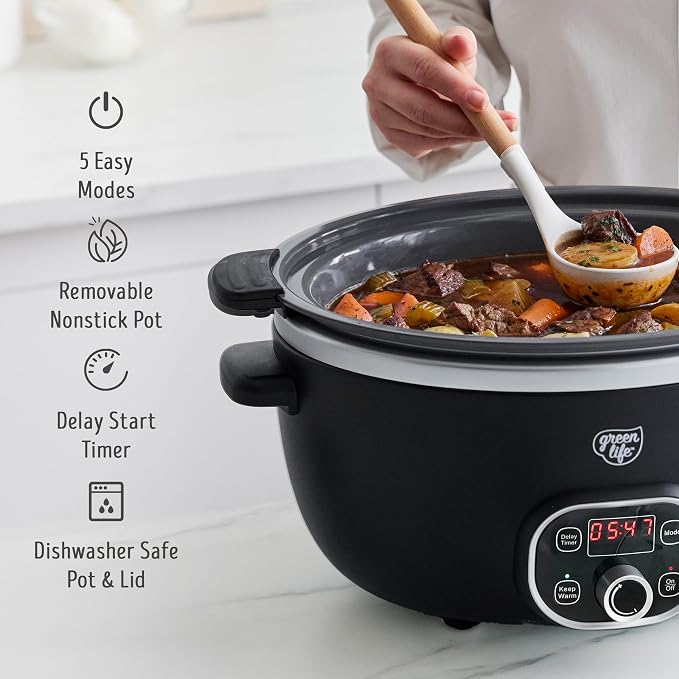 GreenLife 6QT Slow Cooker, Non-Toxic PFAS-Free Ceramic Nonstick Removable Interior Bowl, Programmable, Family Friendly, Keep Warm, Stovetop & Oven Safe, Dishwasher Safe Crock, Timer, Glass Lid, Black