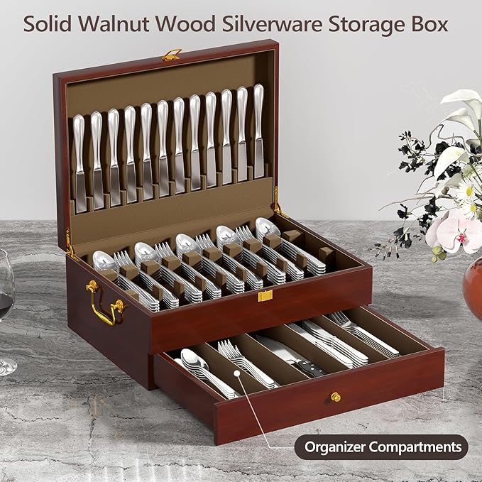 Solid Walnut Silverware Storage Box, 2-Layer Silverware Chest with Drawer, Flatware Case with Lid and Felt Lined, Wood Flatware Storage Box Holds 12-16 Sets of Utensils, Wedding Housewarming Gifts