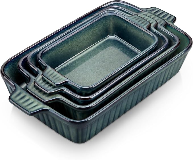 vancasso Ceramic Casserole Dishes for Oven, Reactive Glaze Bakeware Set of 4, Deep Rectangular Baking Dishes with Handles, Lasagna Pan Set, Microwave & Dishwasher Safe, Green (9.4"/11.1"/12.2"/14.7")