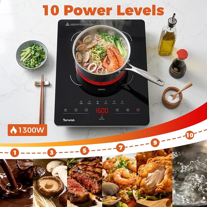 TOPWISH Single Burner Electric Stove, 110V-120V Portable Electric Cooktop, Countertop Stove Top Burner Hot Plate Ceramic Cooktop with Touch Control 10 Power Levels Child Lock Timer for Kitchen Cooking